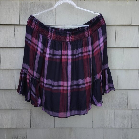 Ivy & Main Tilly's Purple Plaid Smocked Off the Shoulder Top Large NWT - Picture 4 of 9